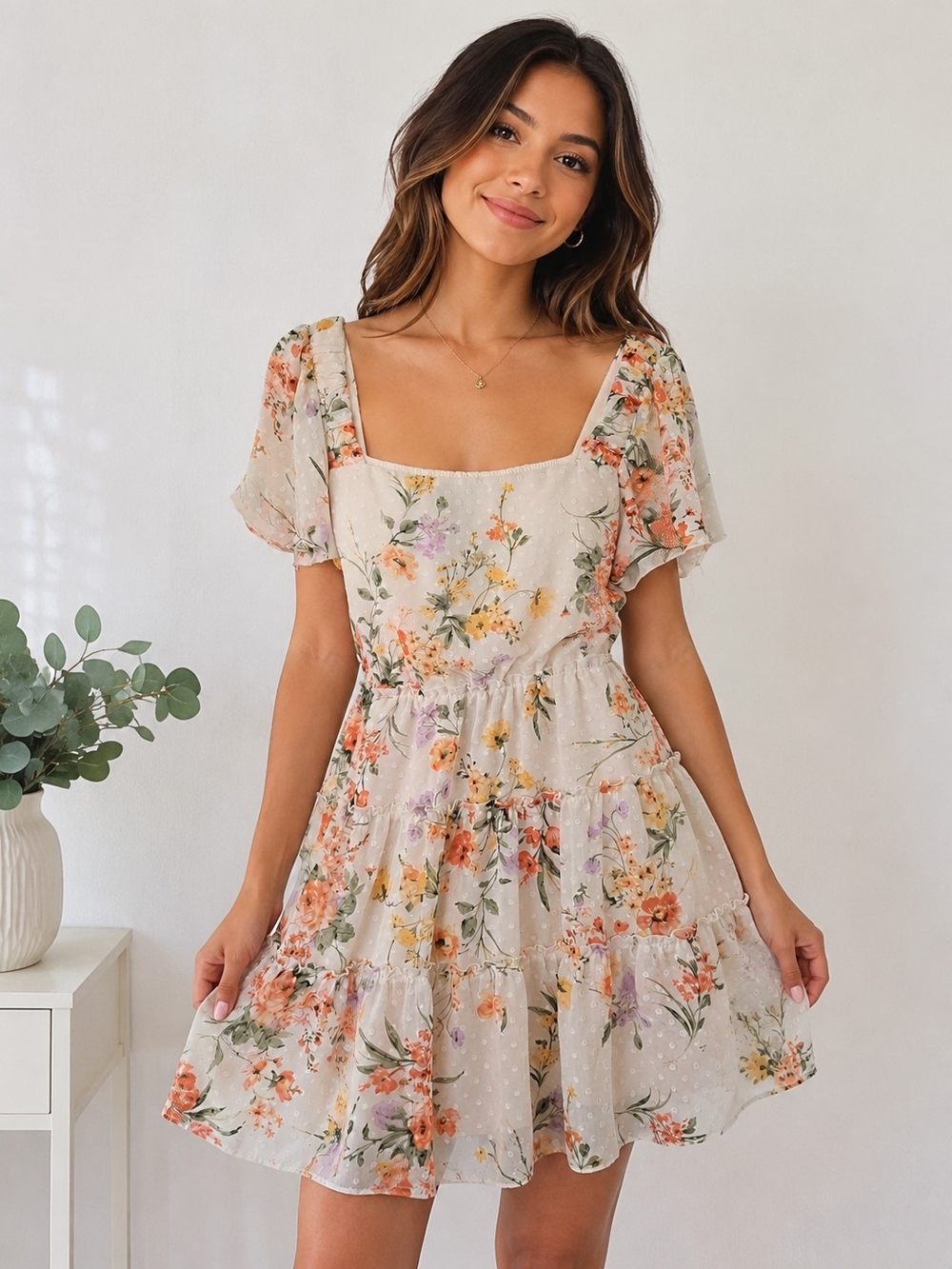 Floral Chiffon Ruffle Mini Dress - Size 7 (Medium)